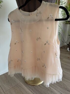 MARBLE Cream Sheer Embroidered Top